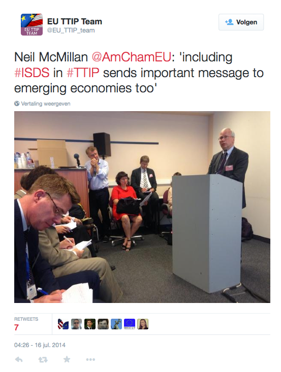 ‏@EU_TTIP_team tweet: Neil McMillan @AmChamEU: 'including #ISDS in #TTIP sends important message to emerging economies too' 