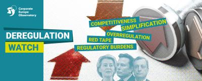 Banner with the title "Deregulation watch" with photos of Ursula Von Der Leyen, Elon Musk an dMario Draghi and the words: competitiveness, simplification, overregulation, red tape and regularoty burdens