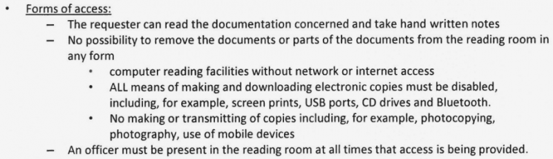 Screenshot of some of the conditions of access to the GTF reading room