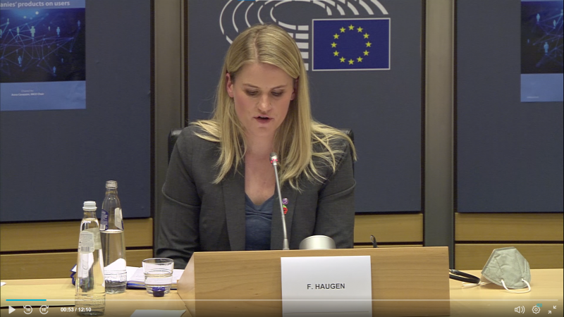 Facebook whistleblower Frances Haugen addresses the European Parliament