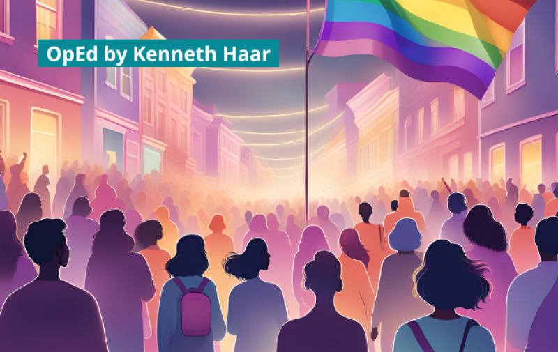 A visual on purple colours showing a crowd marching for women's right and LGBTQI+ rights. On a turquoise rectangle the text reads "OpEd by Kenneth Haar"