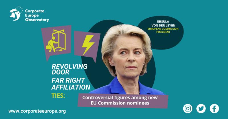 photo of von der Leyen com o texto "Revolving doors and far-right ties: Controversial figures among new EU Commission nominees"