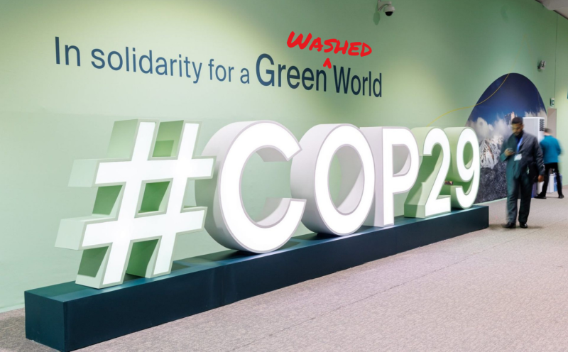 COP29 slogan subverted to read "In solidarity for a Greenwashed World"