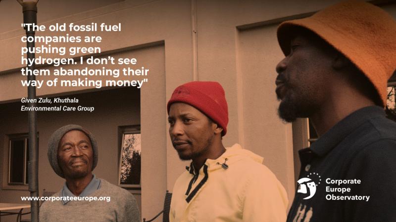 A photo of three men in their 20s and 30s, one is wearing an orange bucket hat and the other a red beanie and a grey one. The man with the bucket hat is speaking and the following is written: “The old fossil fuel companies are pushing green hydrogen. I don’t see them abandoning their way of making money” Given Zulu, Khutala Environmental Care Group.