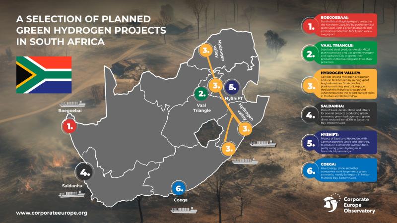 Photo of a burning area and on top of it a map of South Africa and the title: A selection of planned green hydrogen projects in South Africa 1- BOEGOEBAAI: South Africa’s flagship export project in the Northern Cape, led by petrochemical giant Sasol, with a green hydrogen and ammonia production facility and a new mega port. 2- VAAL TRIANGLE: Sasol and steel producer ArcelorMittal plan to produce and use green hydrogen and captured CO2 to green their products in the Gauteng and Free State provinces. 3- HYDRO