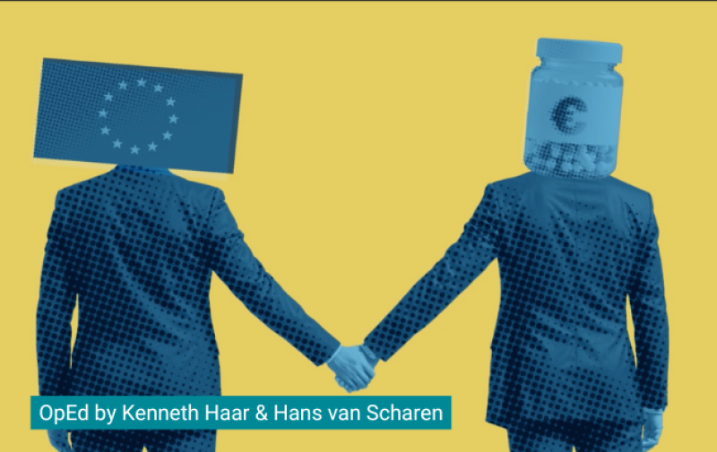 On a yellow background we see the back of a EU commissioner and Hans van Scharen a corporate lobbyist walking hand in hand. The commissioner has an EU flag instead of his head while the lobbyist has a jar with money instead of his. A text on the bottom-left corner reads: "OpEd by Kenneth Haar & H