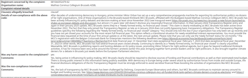 complaint to the Transparency Register about MCC Brussels