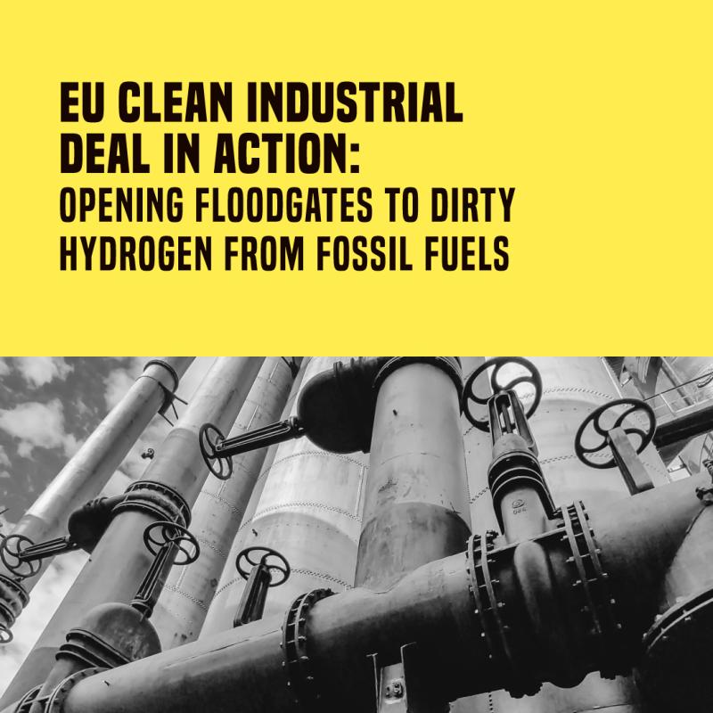 A square image, the bottom down is the picture of a section of a high building, totally covered in vertical pipes with valves, a photo by Gioia M. in Unsplash. The top part of the image  has written in black capital letters “EU Clean Industrial Deal in Action:”, and a bit smaller “Opening floodgates to dirty hydrogen from fossil fuels”, over a bright yellow background.