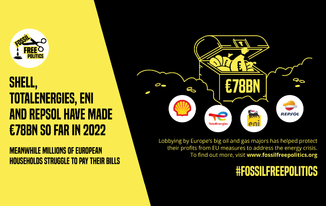 Black and yellow image with a treasure chest, the logos of Shell, Totalenergies, ENI and Repsol and the words: Shell, Totalenergies, ENI and Repsol have made €78BN so far in 2022. Meanwhile millions ogf European households struggle to pay their bills. Lobbying by Europe's big oikl and gas majors has helped protect their profits from EU measures to address the energy crisis. To find out more, visit www.fossilfreepolitics.org #fossilfreepolitics