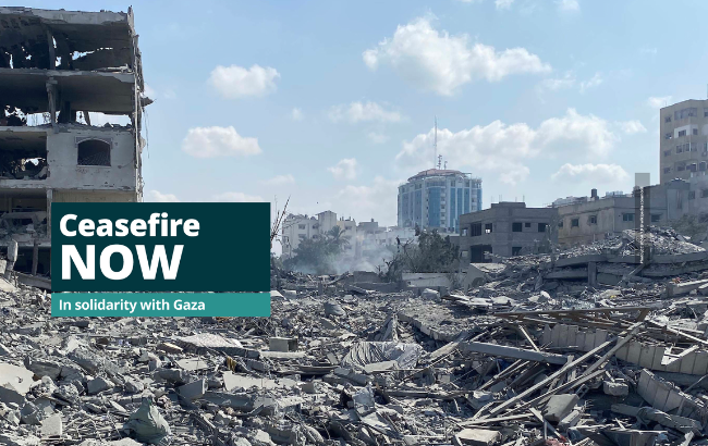 Image of destroyed buildings and the words: Ceasefire NOW: In solidarity with Gaza