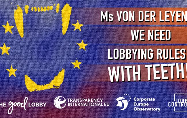A blue visual showing the flag of the EU with vampire teeth. The text reads: "Ms von der Leyen, we need lobbying rules with teeth!"