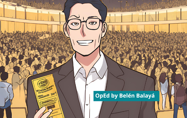 A manga-style visual shows the CCUS  forum and a member of the fossil fuel industry stands up with a golden ticket. In a turquoise rectangle the text reads "oped by Belén Balayá"
