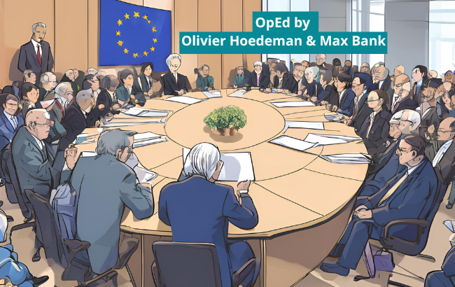 A manga style meeting at an EU institutions showing lobbyists and Eurocrats sitting at a round table. On the background we can see a flag of the EU. On a turquoise rectangle, the text reads: "OpEd by Olivier Hoedeman & Max Bank"