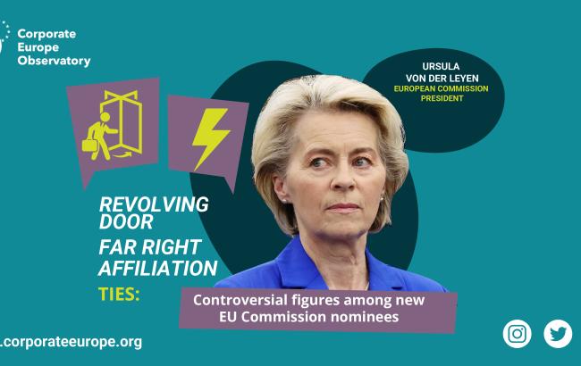 photo of von der Leyen com o texto "Revolving doors and far-right ties: Controversial figures among new EU Commission nominees"