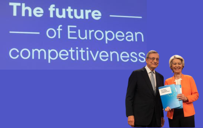 A photo of Ursula von der Leyen holding the Draghi report and standing next to Mario Draghi, both smilling, in front of a banner saying: The future of European competitiveness, a photo of 