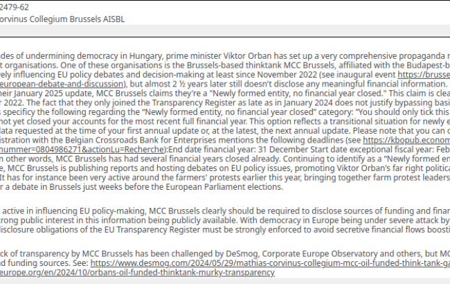 complaint to the Transparency Register about MCC Brussels